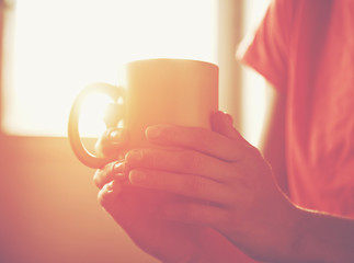 hands holding hot cup of tea or coffee in morning sunlight