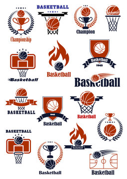Basketball emblems with sports heraldic elements