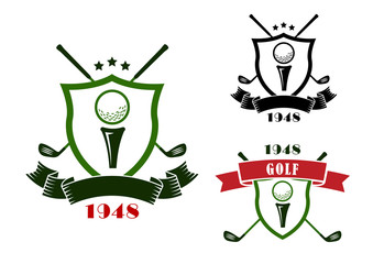 Golf emblems with shields, balls and clubs
