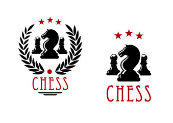 Chess tournament emblems with knights and pawns