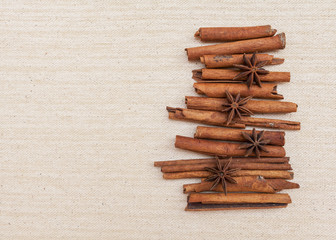 Cinnamon stick with space on canvas texture background