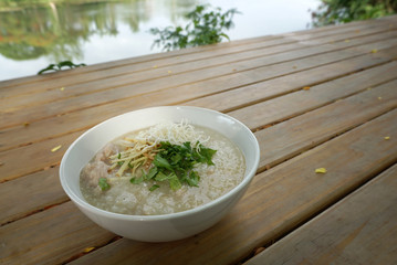 Homemade Pork porridge with ginger and coriander