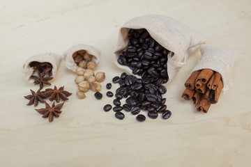 Coffee beans and spices background