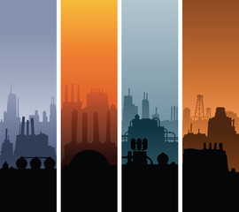 Vertical banner silhouettes of heavy industrial areas with factories, smokestacks, air pollution and liquid tanks.