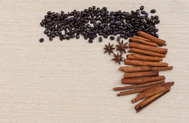 Coffee beans and spices on canvas fabric background