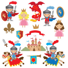 Knight, princess and dragon vector illustration