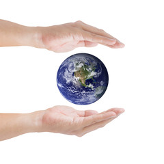 Human hands carrying global Earth. Environment concept. Elements