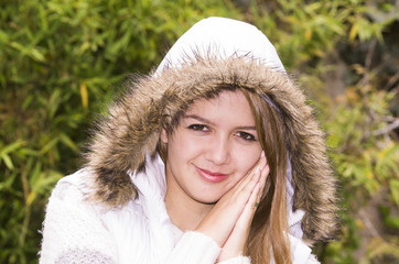 Model in warm hoodie