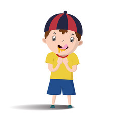 Boy children cartoon fond of good food saliva hold one's hand