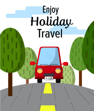 Red car travel enjoy holiday  with text illustration ,trees brace sideways commercial vector