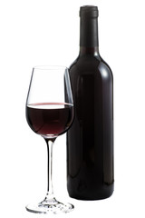 Bottle of red wine with glass on white background