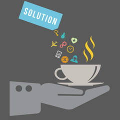 Hand and coffee cup with business icons for solution concept