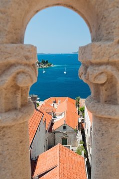 Town Korcula in island Korcula in Croatia. Birdview from cathedral of St Marco