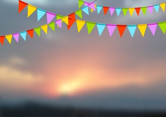 Party flags celebrate abstract background and sunset landscape