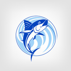 Fototapeta premium Fishing logo template - Tuna vector sign. Vector fishing logo. Catching tuna on the hook. Round blue background.