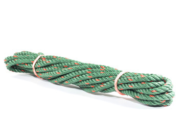 Green tied rope which is made of nylon on white background
