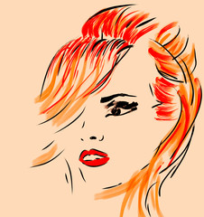 Woman Face Illustration in Retro Style. Portrait of a Ginger Hair Girl