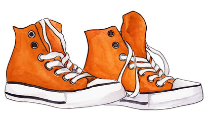 Watercolor orange sneakers pair vector isolated