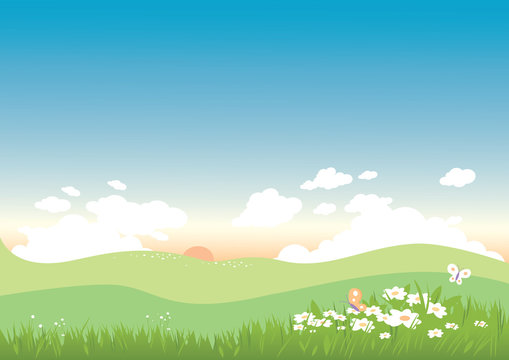 Illustration background of a spring or summer landscape with flowers and butterflies. Vector illustration