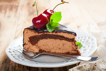 Piece of delicious chocolate mousse cake