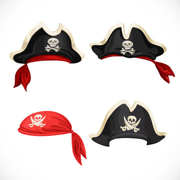 Set of pirate hats and bandana with Jolly Roger