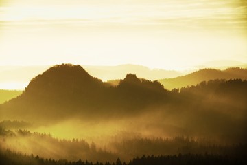 Sunrise in a beautiful mountain of Czech-Saxony Switzerland. Sharp hills increased from foggy background, the fog is orange due to sun rays.