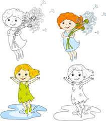 Girl flying with dandelions. Girl jumping in puddles