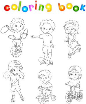 Children riding unicycle, bicycle and scooter, rollerblading and