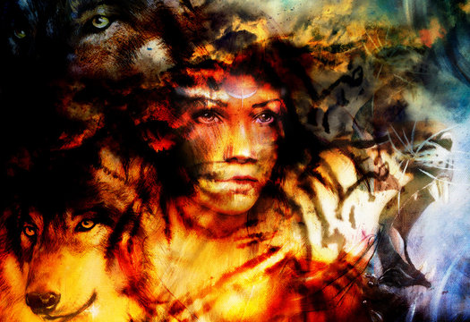 woman portrait with  tigerand wolf, color painting collage