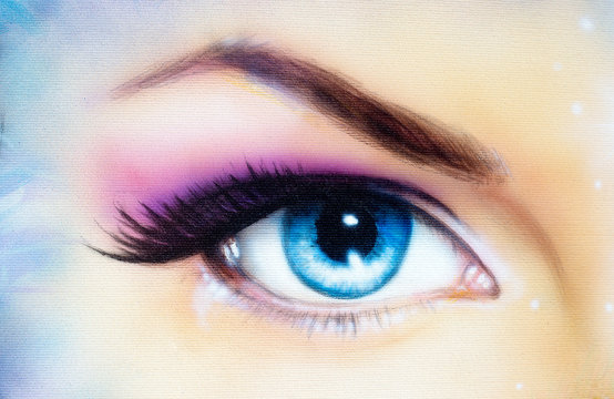 Blue woman eye with violet and pink day makeup. Color painting