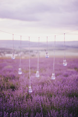 Hand made garland with vases in shape of a light bulbs in a lavender field