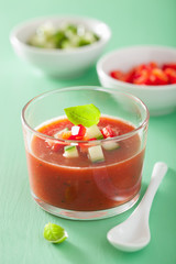 cold gazpacho soup in glass and ingredients