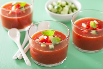 cold gazpacho soup in glass and ingredients