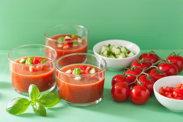cold gazpacho soup in glass and ingredients