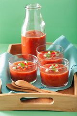 cold gazpacho soup in glass and ingredients