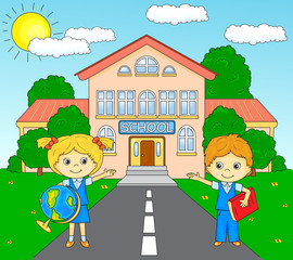 Boy and girl standing near the school building in a schoolyard