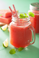 watermelon lime smoothie in mason jars