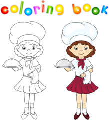 Cook or waiter in their uniform with closed dish. Coloring book.