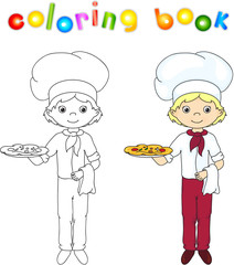 Cook or waiter in his uniform with cake and pizza. Coloring book
