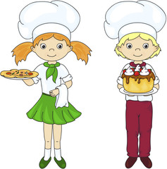 Cook or waiter in their uniform with cake and pizza