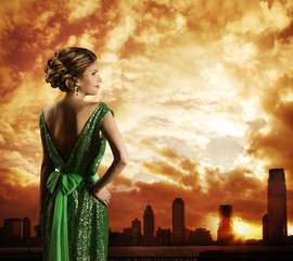 Woman in Green Dress, City Sky Sundown, Fashion Model Rear View