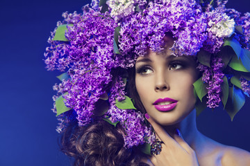 Woman Lilac Flower Fashion. Model Beauty Portrait, Face Makeup