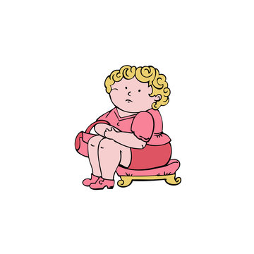 Vector illustration. Fat kid sitting on a stool