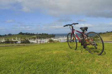 Fototapeta na wymiar bike and marina view, New Zealand
