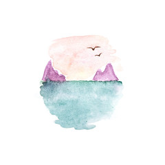 Hand drawn watercolor sunset at the ocean isolated