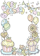 Happy birdhday poscard. Colorful border with cakes, sweets and b