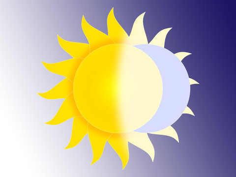 Symbols of the sun and of the moon on a white-blue background
