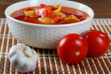 Still life with tomatoes and garlic Lecho