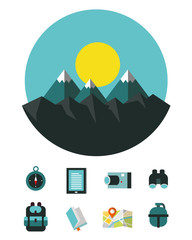 Obraz premium Mountain landscape with Camping and hiking equipment icons. vector