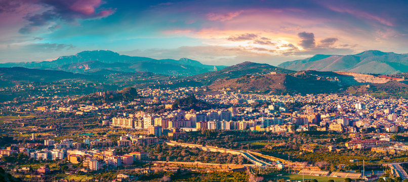 Evening view from the bird's eye of the town Bagheria